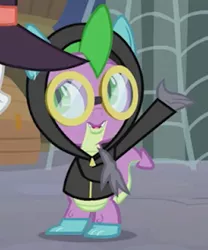 Size: 236x283 | Tagged: claws, clothes, costume, cropped, dangerous mission outfit, derpibooru import, detective, dragon, goggles, hoodie, male, safe, screencap, season 9, sparkle's seven, spike, spoiler:s09, winged spike