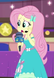 Size: 659x945 | Tagged: safe, derpibooru import, screencap, fluttershy, best in show: the victory lap, equestria girls, equestria girls series, spoiler:eqg series (season 2), clothes, cropped, female, geode of fauna, magical geodes, microphone, solo