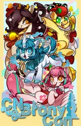 Size: 717x1106 | Tagged: safe, derpibooru import, oc, oc:小梅, oc:灵樨, oc:狮狮, oc:睦睦, dracony, dragon, hybrid, kirin, pony, china, china ponycon, hangzhou, mascot