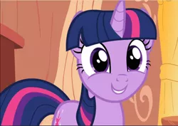 Size: 1332x942 | Tagged: safe, derpibooru import, screencap, twilight sparkle, pony, unicorn, it's about time, close-up, cropped, cute, female, golden oaks library, smiling, solo, twiabetes, unicorn twilight