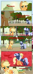 Size: 1919x4225 | Tagged: safe, artist:estories, derpibooru import, applejack, oc, oc:silverlay, earth pony, pony, unicorn, comic:a(pple)ffection, comic, cute, hug, sweet apple acres, yawn