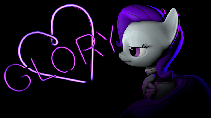 Size: 3840x2160 | Tagged: safe, artist:awgear, derpibooru import, oc, oc:morning glory (project horizons), pegasus, pony, fallout equestria, fallout equestria: project horizons, 3d, black background, branded, clothes, cutie mark, fallout, fanfic art, gray coat, neon, purple eyes, purple mane, purple tail, simple background, source filmmaker, wallpaper