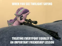 Size: 4032x3024 | Tagged: safe, artist:nekokevin, artist:yaop, derpibooru import, edit, editor:genericarchangel, starlight glimmer, pony, series:nekokevin's glimmy, caption, equality, exploitable meme, gun, hypocrisy, image macro, implied twilight sparkle, irl, meme, photo, plushie, rifle, snipelight glimmer, sniper, sniper rifle, solo, text, this will end in communism, this will end in gulag, weapon