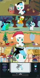 Size: 3307x6383 | Tagged: safe, artist:wheatley r.h., derpibooru import, oc, oc:axóchitl, oc:flowing notes, oc:sentry towel, oc:sturdy diablo, unofficial characters only, bat pony, earth pony, original species, pegasus, plush pony, pony, unicorn, baby, baby pony, bat pony oc, bat wings, blank flank, blue eyes, box, brain, brain in a jar, carpet, christmas, christmas tree, colt, crystal heart, cubes, dark room, ear tufts, electrocardiogram, female, filly, floor, flying, game boy color, green eyes, hair, happy, hat, heart, holiday, horn, looking at you, looking up, male, mane, memory card, missing cutie mark, orb, pegasus oc, plushie, present, road, room, santa hat, screen, shocked expression, spanish, spanish text, sphere, teddy bear, time lapse, toy, translated in the description, tree, two toned mane, two toned tail, unicorn oc, vector, village, watermark, window, wings, yellow eyes, younger