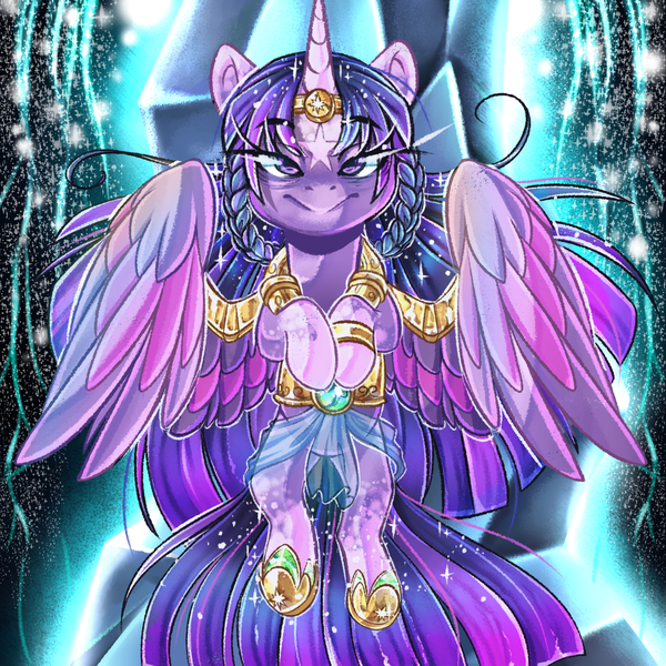 Size: 1984x1983 | Tagged: safe, artist:schokocream, derpibooru import, tree of harmony, twilight sparkle, twilight sparkle (alicorn), alicorn, pony, twilight's kingdom, female, gold, magic, mare, powerful, princess, solo, wings