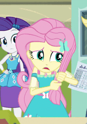 Size: 600x857 | Tagged: safe, derpibooru import, screencap, fluttershy, rarity, equestria girls, equestria girls series, schedule swap, spoiler:eqg series (season 2), animated, canterlot high, cropped, cute, duo, eyeshadow, female, geode of fauna, geode of shielding, gif, hair grab, magical geodes, makeup, nervous, playing with hair, raised eyebrow, shyabetes