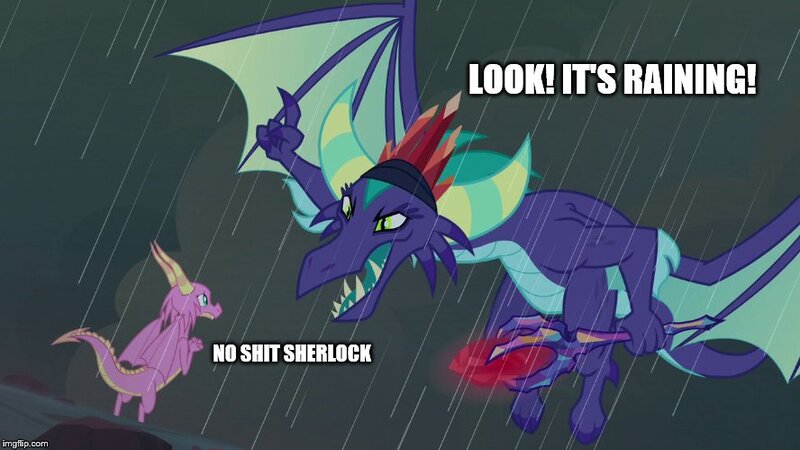 Size: 888x499 | Tagged: bloodstone scepter, derpibooru import, dragon, dragoness, edit, edited screencap, female, gaius (dragon), meme, no shit sherlock, rain, safe, scales (character), screencap, text, the hearth's warming club, vulgar