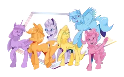 Size: 2400x1500 | Tagged: safe, artist:saturdaymorningproj, derpibooru import, applejack, fluttershy, pinkie pie, rainbow dash, rarity, twilight sparkle, twilight sparkle (alicorn), alicorn, earth pony, pegasus, pony, unicorn, applejack's hat, cowboy hat, female, flying, freckles, hat, mane six, mare, simple background, smiling, straw in mouth, transparent background, walking, waving