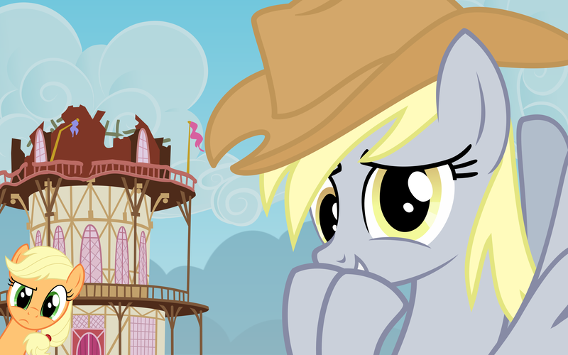 Size: 7000x4375 | Tagged: safe, artist:blackgryph0n, derpibooru import, applejack, derpy hooves, pony, the last roundup, accessory theft, applejack's hat, confused, cowboy hat, cute, derpabetes, hat, i just don't know what went wrong, show accurate, stetson