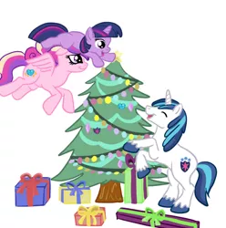 Size: 812x819 | Tagged: artist:kuromi, christmas, christmas tree, derpibooru import, hearth's warming eve, holiday, hoofy-kicks, princess cadance, safe, shining armor, tree, twilight sparkle