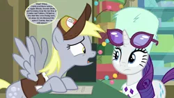 Size: 1280x720 | Tagged: safe, derpibooru import, edit, edited screencap, screencap, derpy hooves, rarity, pony, best gift ever, angry, dialogue, hat, hearth's warming decorations, implied apple bloom, implied scootaloo, implied sweetie belle, mailmare hat, mailpony uniform, peytral, speech bubble, sunglasses, winter hat