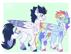Size: 1024x768 | Tagged: safe, artist:wanderingpegasus, derpibooru import, rainbow dash, soarin', pegasus, pony, alternate design, chest fluff, colored hooves, colored wings, female, looking at each other, male, mare, rainbow feathers, redesign, shipping, soarindash, stallion, straight, unshorn fetlocks, wings