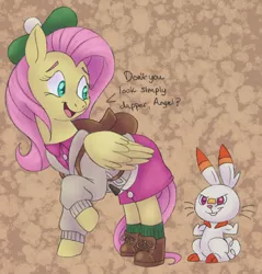 Size: 1668x1745 | Tagged: safe, artist:itoruna-the-platypus, derpibooru import, angel bunny, fluttershy, pegasus, pony, scorbunny, clothes, cosplay, costume, cute, dialogue, duo, open mouth, pokemon sword and shield, pokémon, shyabetes