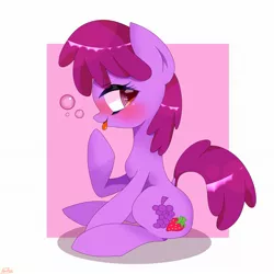 Size: 2048x2048 | Tagged: safe, artist:nanima, derpibooru import, berry punch, berryshine, earth pony, pony, berrybetes, blushing, cute, dock, drunk, drunk bubbles, female, go home you're drunk, mare, profile, sitting, solo, tongue out
