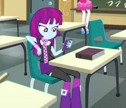 Size: 624x531 | Tagged: safe, derpibooru import, screencap, mystery mint, pinkie pie, equestria girls, equestria girls series, schedule swap, spoiler:eqg series (season 2), background human, book, boots, bored, canterlot high, classroom, clothes, female, miniskirt, mobile phone, offscreen character, pantyhose, phone, sandals, scarf, shoes, skirt, smartphone