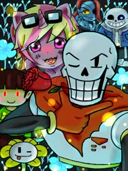 Size: 1200x1600 | Tagged: anthro, artist:discordloveevil, chara, crossover, derpibooru import, flower, flowey, oc, oc:evil, papyrus (undertale), rose, safe, sans (undertale), undertale, undyne