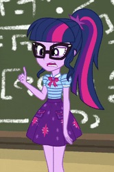 Size: 624x938 | Tagged: safe, derpibooru import, screencap, sci-twi, twilight sparkle, equestria girls, equestria girls series, schedule swap, spoiler:eqg series (season 2), animated, chalkboard, clothes, cropped, fgsfds, geode of telekinesis, glasses, loop, magical geodes, ponytail, skirt