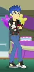 Size: 365x780 | Tagged: safe, derpibooru import, screencap, banana (dog), flash sentry, best in show: the victory lap, equestria girls, equestria girls series, spoiler:eqg series (season 2), clothes, converse, cropped, hoodie, male, pants, shoes, sneakers