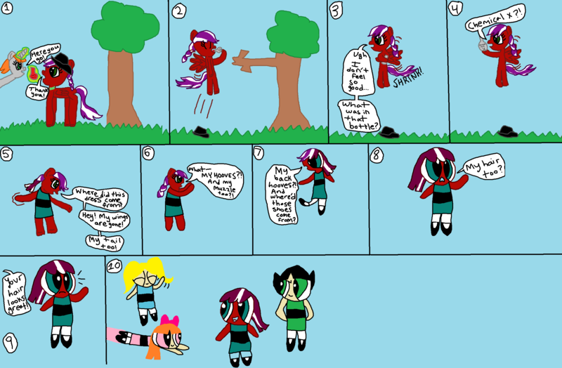 Size: 2520x1650 | Tagged: safe, artist:nightshadowmlp, derpibooru import, oc, oc:crimson, oc:night shadow, pony, blossom (powerpuff girls), bottle, bubbles (powerpuff girls), buttercup (powerpuff girls), chemical x, clothes, cowboy hat, dialogue, dress, hat, pony to human, powerpuffified, request, requested art, sky, smiling, the powerpuff girls, transformation, transformation sequence, tree, tree branch