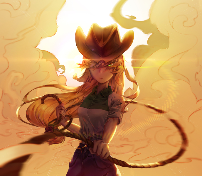 Size: 3008x2622 | Tagged: safe, artist:信长大人家臣, derpibooru import, applejack, human, equestria girls, applejack's hat, badass, belt, clothes, cowboy hat, denim skirt, dust, female, hair over one eye, hat, humanized, lasso, lens flare, looking at you, pixiv, rolled up sleeves, rope, shirt, skirt, smoke, solo, stetson