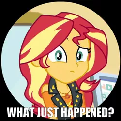 Size: 521x521 | Tagged: safe, derpibooru import, screencap, sunset shimmer, equestria girls, equestria girls series, schedule swap, spoiler:eqg series (season 2), computer, cropped, ending, female, geode of empathy, looking at you, magical geodes, raised eyebrow, solo, text, what just happened