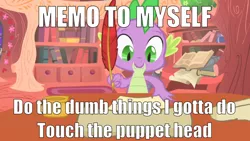 Size: 1200x675 | Tagged: caption, derpibooru import, dragon, edit, edited screencap, editor:scrounge, golden oaks library, image macro, inkwell, owl's well that ends well, put your hand inside the puppet head, quill, safe, screencap, solo, song reference, spike, text, they might be giants