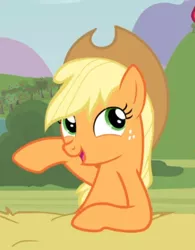 Size: 448x575 | Tagged: safe, derpibooru import, screencap, applejack, earth pony, pony, apple family reunion, applejack's hat, cowboy hat, cropped, cute, female, freckles, hat, jackabetes, leaning, mare, open mouth, raised hoof, smiling, stetson