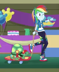 Size: 808x991 | Tagged: safe, derpibooru import, screencap, rainbow dash, tank, tortoise, best in show: the victory lap, equestria girls, equestria girls series, spoiler:eqg series (season 2), clothes, converse, cropped, cute, dashabetes, geode of super speed, helmet, magical geodes, one eye closed, pointing, ribbon, shoes, skateboard, sneakers, wink