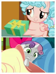Size: 3106x4096 | Tagged: safe, derpibooru import, edit, edited screencap, screencap, cozy glow, sweetie belle, pegasus, pony, school raze, somepony to watch over me, apple bloom's bow, bed, bow, duo, female, filly, hair bow, pillow, present, scared, sweetie belle's nightmare