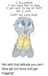 Size: 500x779 | Tagged: safe, artist:heir-of-rick, derpibooru import, edit, gabby, gryphon, can't hug every cat, crying, cute, dialogue, female, gabbybetes, simple background, solo, text, white background