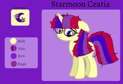 Size: 1431x986 | Tagged: safe, artist:徐詩珮, derpibooru import, oc, oc:starmoon ceatia, pony, unicorn, female, glasses, mare, next generation, offspring, parent:comet tail, parent:moondancer, parents:cometdancer, reference sheet