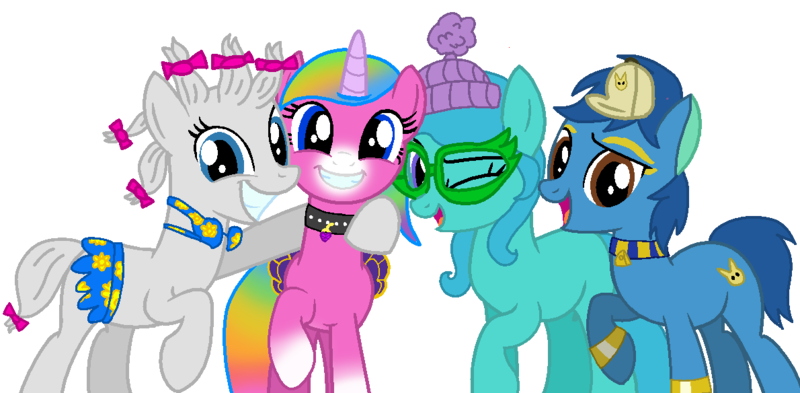 Size: 1190x584 | Tagged: dead source, safe, artist:niightlydark, artist:rainbineeoi, derpibooru import, ponified, pony, athena, base used, felicity, miguel (rbuk), rainbow butterfly unicorn kitty, rbuk, yana