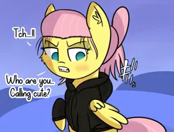 Size: 2131x1610 | Tagged: safe, artist:artiks, derpibooru import, fluttershy, pegasus, pony, alternate hairstyle, dialogue, ear fluff, female, i'm not cute, japanese, mare, no pupils, solo