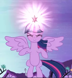 Size: 875x942 | Tagged: safe, derpibooru import, screencap, twilight sparkle, twilight sparkle (alicorn), alicorn, pony, princess twilight sparkle (episode), big crown thingy, cropped, crown, element of magic, eyes closed, floating, focus, jewelry, light, magic, regalia, solo, spread wings, wings