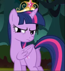 Size: 857x940 | Tagged: safe, derpibooru import, screencap, twilight sparkle, twilight sparkle (alicorn), alicorn, pony, princess twilight sparkle (episode), big crown thingy, butt, cropped, crown, element of magic, jewelry, looking back, narrowed eyes, plot, regalia, solo, twilight is not amused, unamused