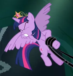 Size: 808x841 | Tagged: safe, derpibooru import, screencap, twilight sparkle, twilight sparkle (alicorn), alicorn, pony, princess twilight sparkle (episode), big crown thingy, black vine, cropped, crown, element of magic, eyes closed, flying, jewelry, pulling, regalia, solo, spread wings, struggling, teeth, wings