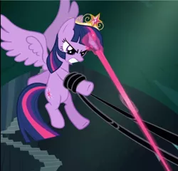 Size: 810x779 | Tagged: safe, derpibooru import, screencap, twilight sparkle, twilight sparkle (alicorn), alicorn, pony, princess twilight sparkle (episode), big crown thingy, black vine, blast, cropped, crown, element of magic, flying, glowing horn, gritted teeth, horn, jewelry, magic, magic beam, magic blast, regalia, solo, spread wings, struggling, wings