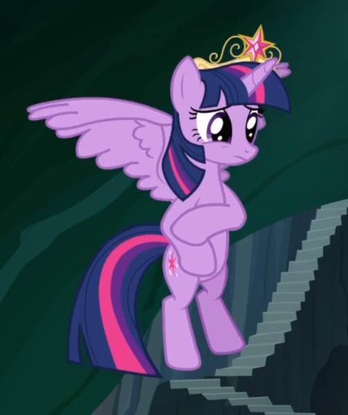 Size: 615x733 | Tagged: safe, derpibooru import, screencap, twilight sparkle, twilight sparkle (alicorn), alicorn, pony, princess twilight sparkle (episode), big crown thingy, cropped, crown, element of magic, flying, jewelry, nervous, regalia, solo, spread wings, wings