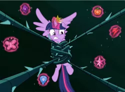 Size: 1278x940 | Tagged: safe, derpibooru import, screencap, twilight sparkle, twilight sparkle (alicorn), alicorn, pony, princess twilight sparkle (episode), big crown thingy, black vine, cropped, crown, element of generosity, element of honesty, element of kindness, element of laughter, element of loyalty, element of magic, elements of harmony, glowing horn, horn, jewelry, levitation, magic, regalia, restrained, solo, struggling, teeth, telekinesis, wings