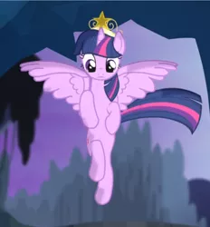 Size: 652x704 | Tagged: safe, derpibooru import, screencap, twilight sparkle, twilight sparkle (alicorn), alicorn, pony, princess twilight sparkle (episode), big crown thingy, cropped, crown, element of magic, flying, jewelry, regalia, solo, spread wings, wings