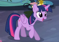 Size: 1329x940 | Tagged: safe, derpibooru import, screencap, twilight sparkle, twilight sparkle (alicorn), alicorn, pony, princess twilight sparkle (episode), big crown thingy, cropped, crown, cute, element of magic, jewelry, open mouth, raised hoof, regalia, smiling, twiabetes