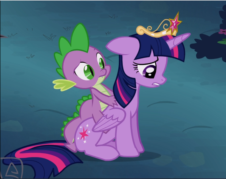 Size: 1192x943 | Tagged: safe, derpibooru import, screencap, spike, twilight sparkle, twilight sparkle (alicorn), alicorn, dragon, pony, princess twilight sparkle (episode), big crown thingy, cropped, crown, dragons riding ponies, element of magic, floppy ears, jewelry, regalia, riding, sad, sitting