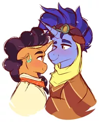 Size: 1968x2432 | Tagged: safe, artist:canisrettmajoris, derpibooru import, edit, hoo'far, saffron masala, pony, unicorn, blushing, clothes, crack shipping, cropped, eye contact, female, looking at each other, male, mare, saf'far, shipping, stallion, straight