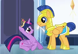 Size: 1406x988 | Tagged: safe, derpibooru import, screencap, flash sentry, twilight sparkle, twilight sparkle (alicorn), alicorn, equestria girls, equestria girls (movie), armor, big crown thingy, blushing, cropped, crown, cute, element of magic, jewelry, looking at each other, prone, regalia, royal guard armor, sitting, smiling, twiabetes