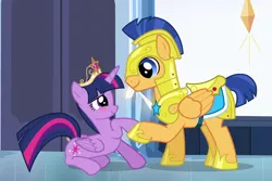 Size: 1424x954 | Tagged: safe, derpibooru import, screencap, flash sentry, twilight sparkle, twilight sparkle (alicorn), alicorn, equestria girls, equestria girls (movie), armor, big crown thingy, blushing, cropped, crown, cute, element of magic, jewelry, looking at each other, prone, regalia, royal guard armor, sitting, smiling, twiabetes