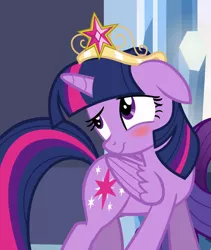 Size: 907x1073 | Tagged: safe, derpibooru import, screencap, rarity, twilight sparkle, twilight sparkle (alicorn), alicorn, pony, equestria girls, equestria girls (movie), big crown thingy, blushing, cropped, crown, cute, element of magic, floppy ears, jewelry, offscreen character, regalia, solo focus, twiabetes