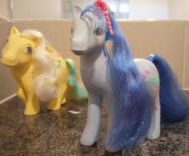 Size: 3581x2962 | Tagged: safe, derpibooru import, flowerburst, ringlet (g1 rainbow curl), pegasus, pony, g1, irl, photo, rainbow curl pony, sweetheart sister ponies, toy, vintage