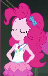 Size: 556x877 | Tagged: safe, derpibooru import, screencap, pinkie pie, all the world's off stage, equestria girls, equestria girls series, all the world's off stage: pinkie pie, clothes, cropped, cute, cutie mark, cutie mark on clothes, diapinkes, eyes closed, geode of sugar bombs, hairband, hands behind back, image, jewelry, magical geodes, necklace, png, rah rah skirt, satisfied, sleeveless, smug, solo, tanktop