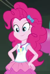 Size: 572x831 | Tagged: safe, derpibooru import, screencap, pinkie pie, all the world's off stage, equestria girls, equestria girls series, :), all the world's off stage: pinkie pie, clothes, cropped, cute, cutie mark, cutie mark on clothes, diapinkes, geode of sugar bombs, hairband, hand on hip, happy, image, jewelry, magical geodes, necklace, png, rah rah skirt, sleeveless, smiling, solo, tanktop
