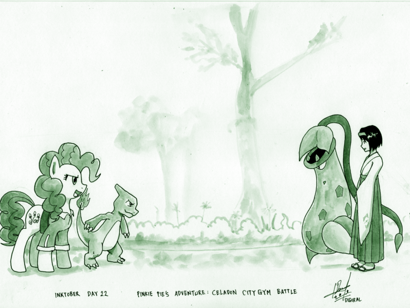 Size: 3100x2331 | Tagged: safe, artist:digiral, derpibooru import, pinkie pie, charmeleon, human, pony, victreebel, series:pinkie pie's adventure, erika, inktober, monochrome, pokémon, traditional art